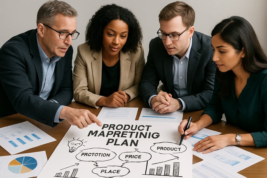 Consultants strategizing over a product marketing plan